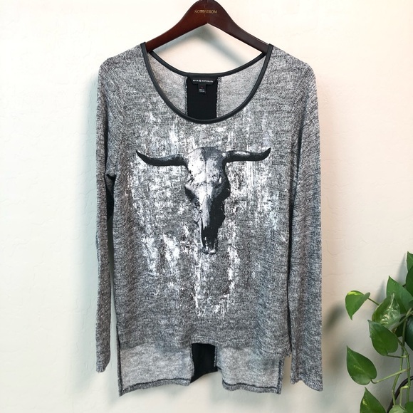 Rock & Republic Tops - ROCK & REPUBLIC hi-low knit top with western bull skull print and silver fading